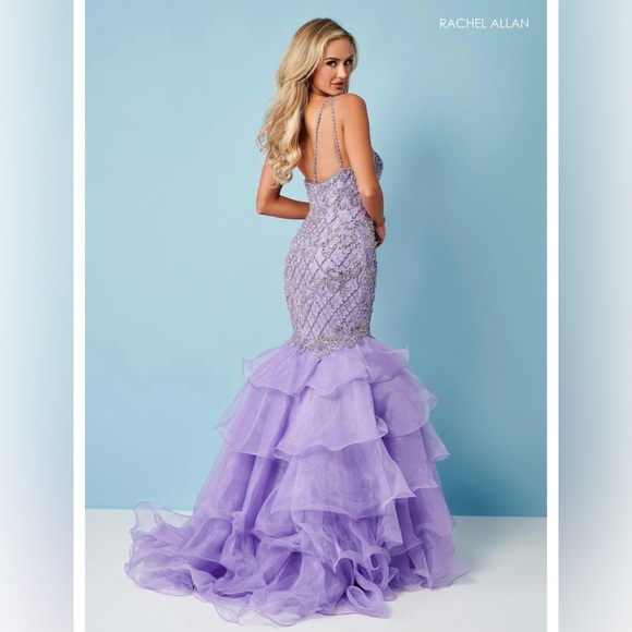 Rachel Allan Lavender One-Shoulder Ruffled Mermaid Gown - Picture 2 of 8